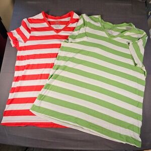 Faded Glory Womens XXL 20 Striped V-Neck T-Shirts 2 Pack Red Green 100% Cotton